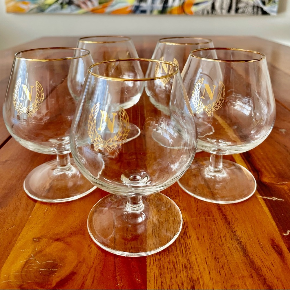 8pcs MCM Crystal Napoleon Gold Rimmed Cognac Snifter Glasses, 4.5”